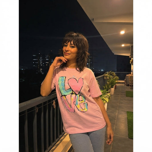 LUXE DIVA Women's Colourful Love Print Oversized T Shirt Casual Short Sleeve Top
