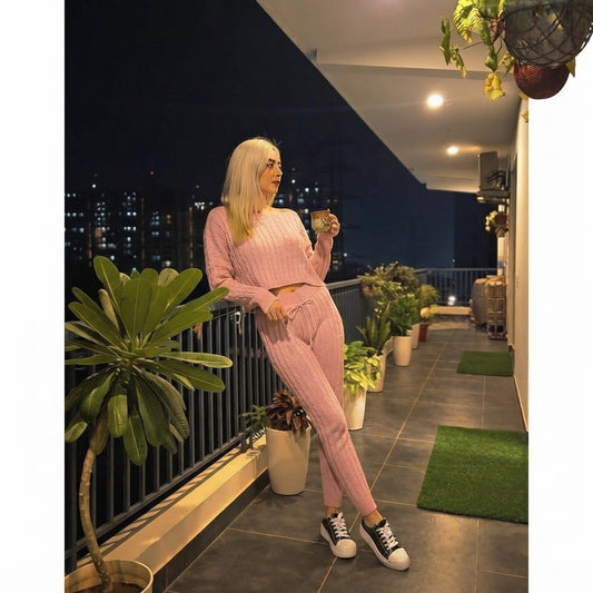 LUXE DIVA Women's Cable Knit Loungewear Top & Bottom 2 Piece Co-Ord Set Sizes 8-14