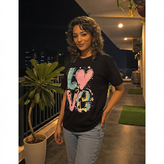 LUXE DIVA Women's Colourful Love Print Oversized T Shirt Casual Short Sleeve Top
