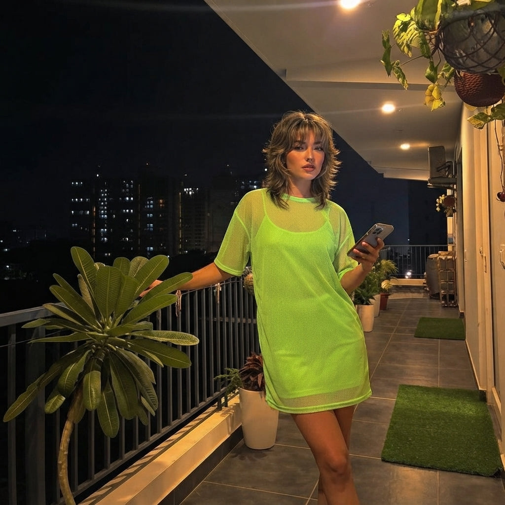 LUXE DIVA Women's Fishnet Mesh Oversized Longline T Shirt Dress Tunic Short Sleeve