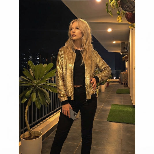 LUXE DIVA Women's Sequin Glitter Bomber Jacket Club Party Festival Biker Coat