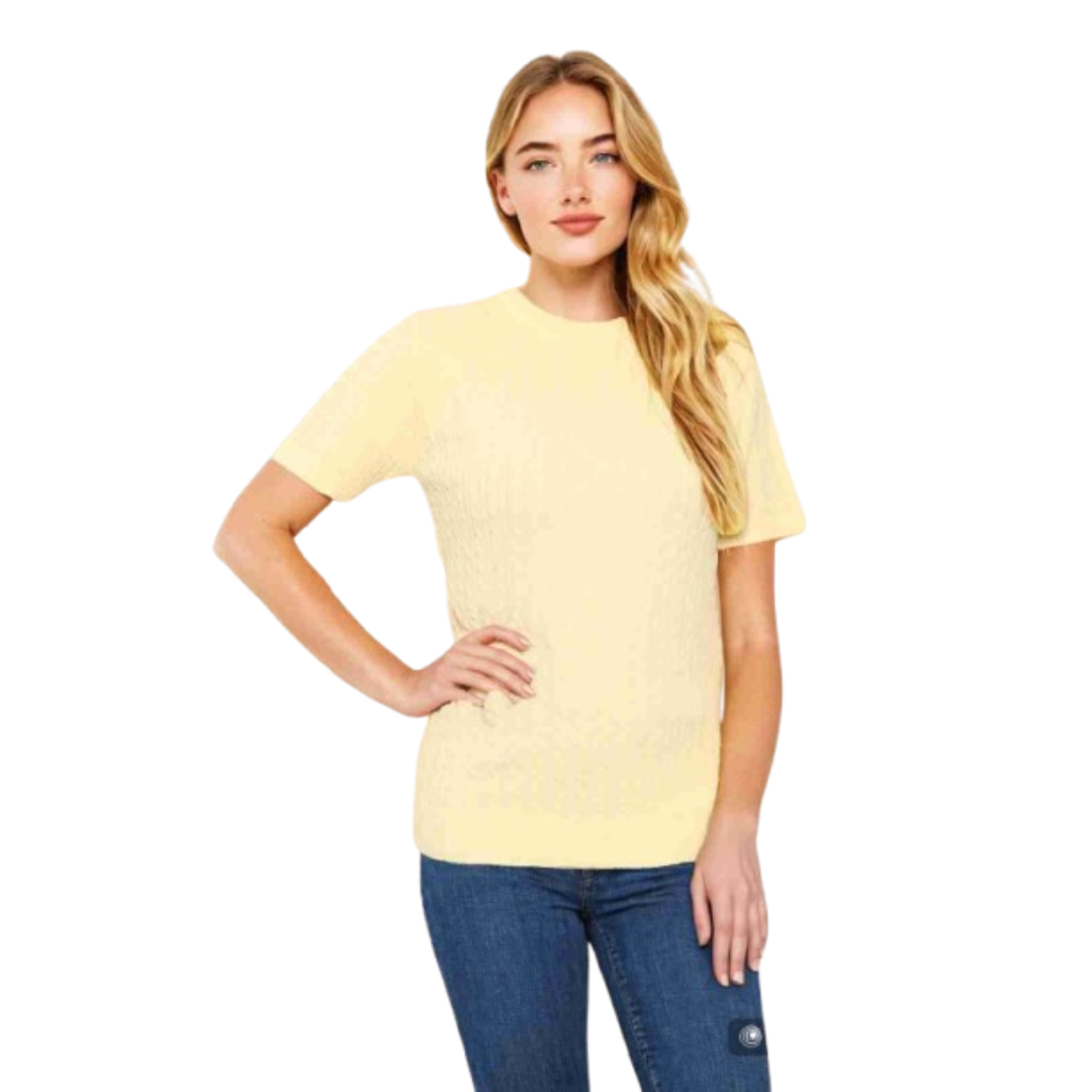 LUXE DIVA Women’s Short Sleeve Soft Smooth Cable Knitted Jumper Ladies Round Neck Oversized Pull Over Knit Warm Sweaters Top Plus Size 8-24