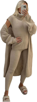 Load image into Gallery viewer, LUXE DIVA Ladies Girls 3 Piece Suit Roll Neck Chunky Knitted Tracksuit Rib Lounge Wear Set