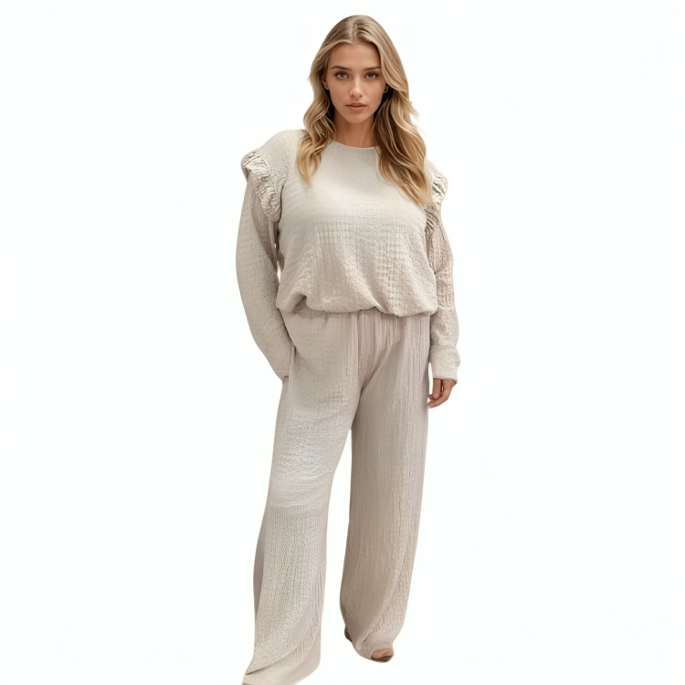LUXE DIVA Ladies Frill arm Long Sleeve 2pcs Women's Wide Flared Leggings Trouser Loungewear Suit