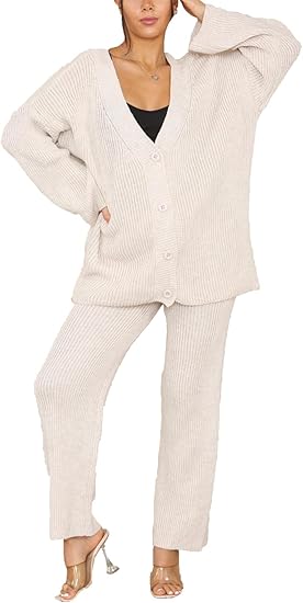LUXE DIVA Women's Chunky Knit Cardigan Wide Leg Lounge Set