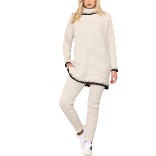 LUXE DIVA Women's Ribbed Polo White Stitch Lounge Set 2 Piece