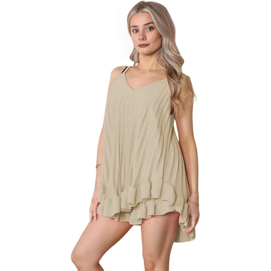 LUXE DIVA Women's Sleeveless Cami Pleated Frill Hem Top Camisole Dress & Matching Frill Shorts Co-Ord Set Chic Italian Design Versatile Summer Ensemble UK Size 8-14