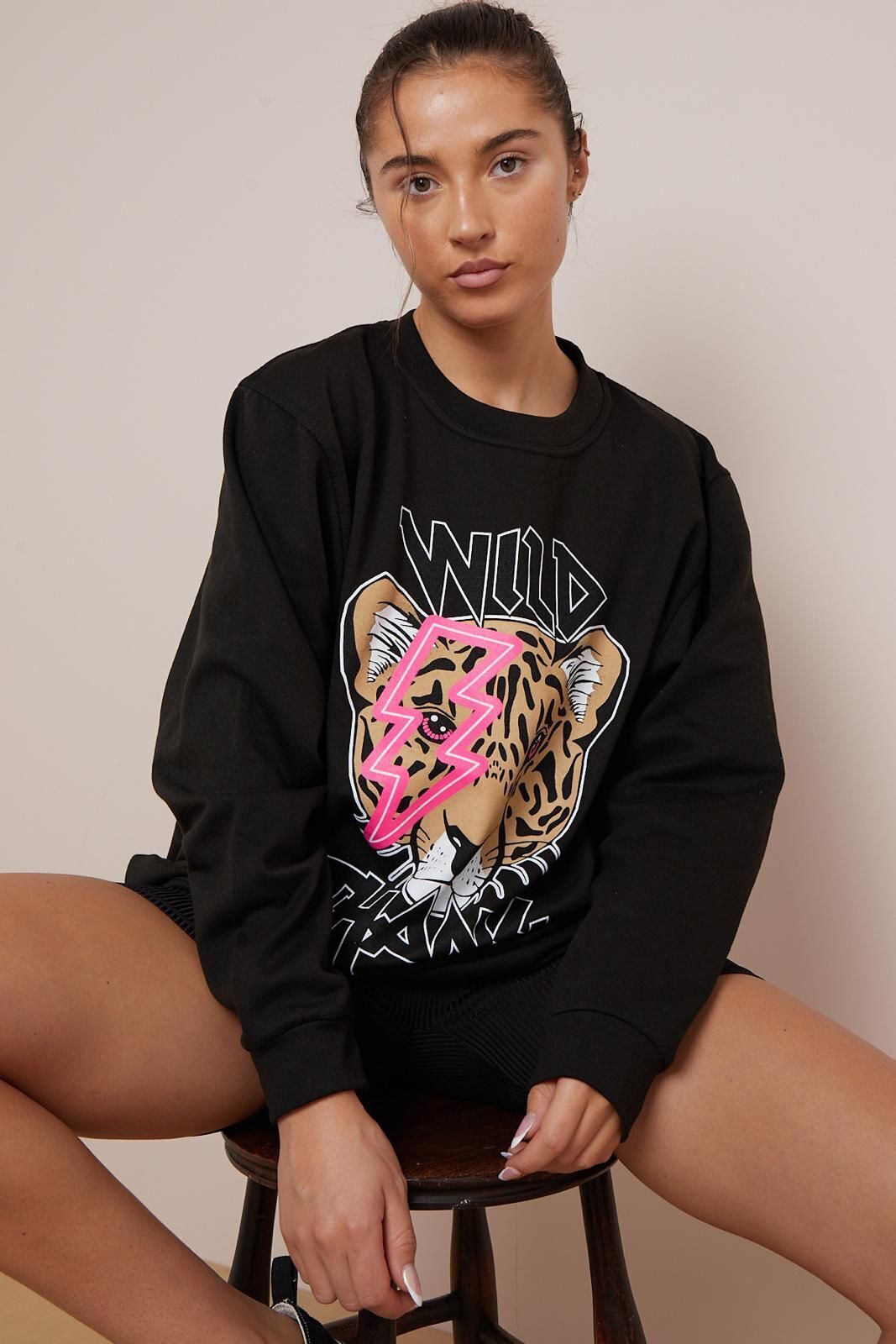 LUXE DIVA Women's Wild Thang Tiger Print Slogan Sweatshirt