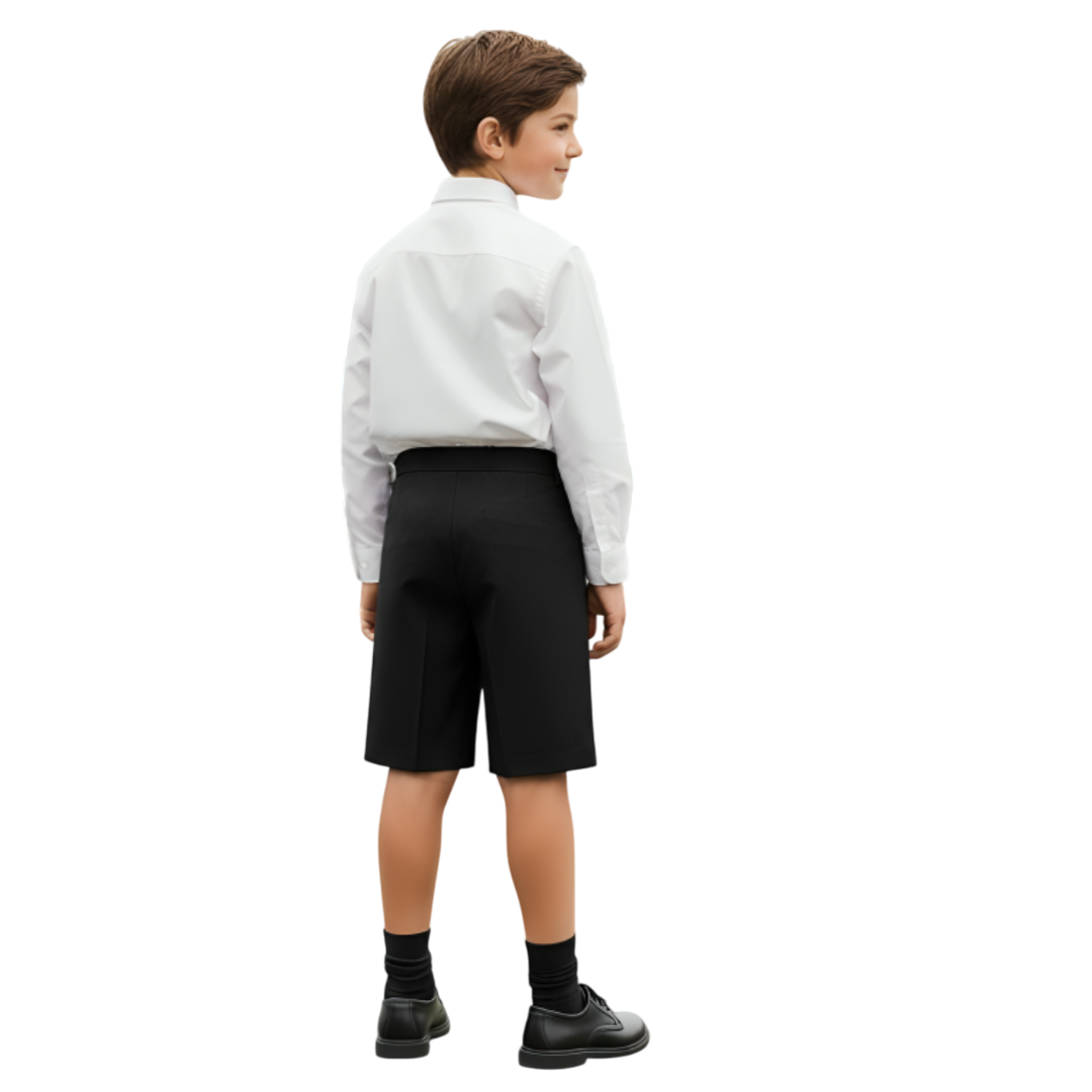 LUXE DIVA Boys School Shorts – Classic Black Knee-Length Uniform Shorts with Pockets, Easy Pull-On Design, Half Elastic Waistband for Ages 2-10 Years