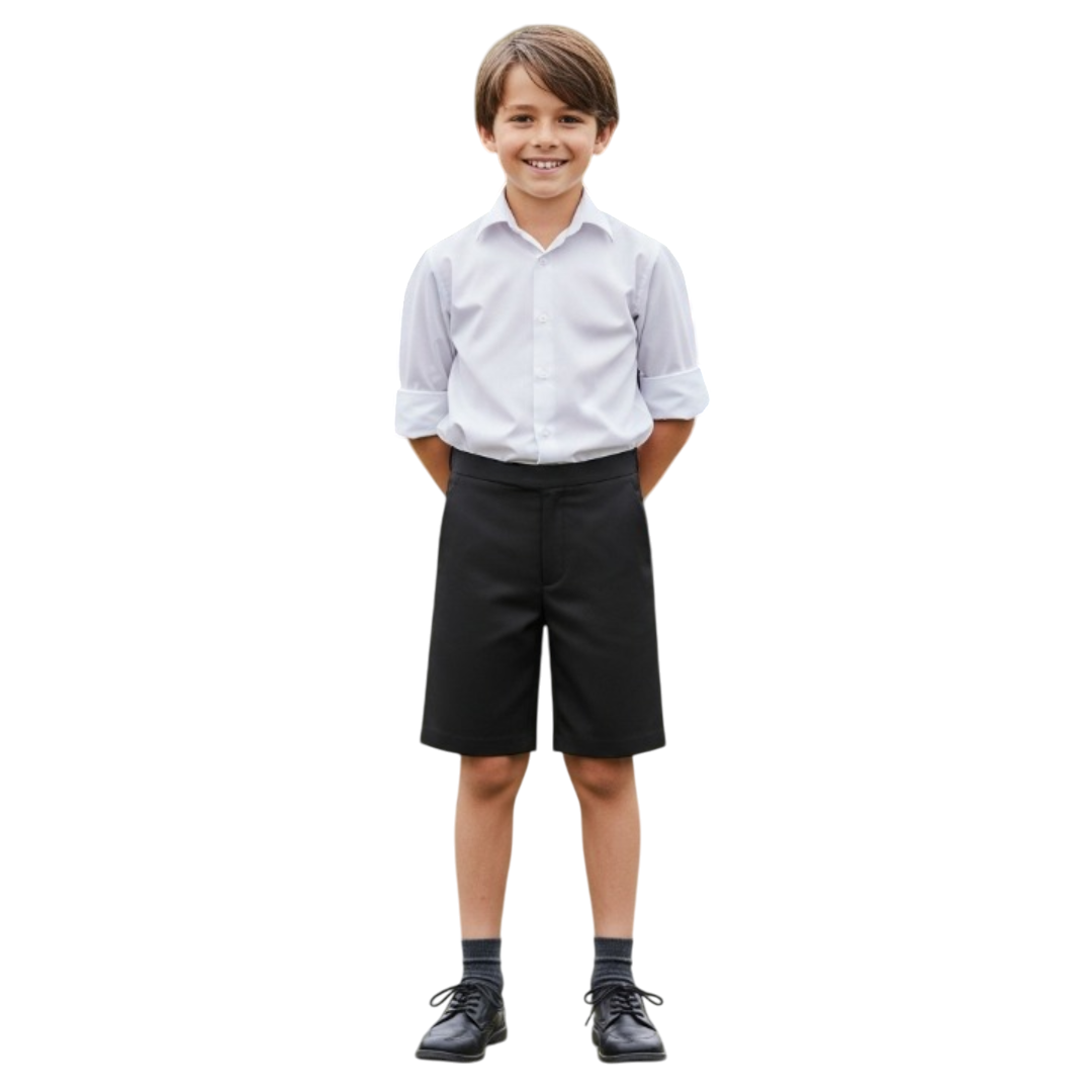LUXE DIVA Boys School Shorts – Classic Black Knee-Length Uniform Shorts with Pockets, Easy Pull-On Design, Half Elastic Waistband for Ages 2-10 Years