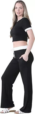 Load image into Gallery viewer, LUXEDIVA Cap Sleeve Crop Top White Stripe Contrast Pocket White Hem Draw String Trouser Set Tracksuit