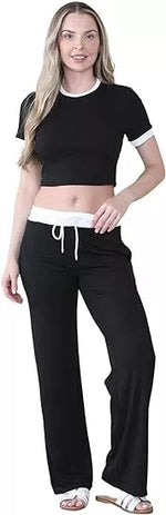 Load image into Gallery viewer, LUXEDIVA Cap Sleeve Crop Top White Stripe Contrast Pocket White Hem Draw String Trouser Set Tracksuit