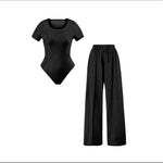 Load image into Gallery viewer, LUXE DIVA Ladies Scoop Neck Short Sleeve Bodysuit And Elasticated Wide Leg Trouser Two Piece Set