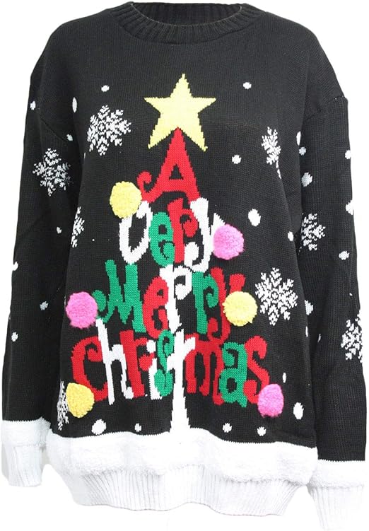LUXE DIVA Ladies A Very Merry Christmas Print Round Neck Knitted Jumper Xmas Warm Sweater Dress