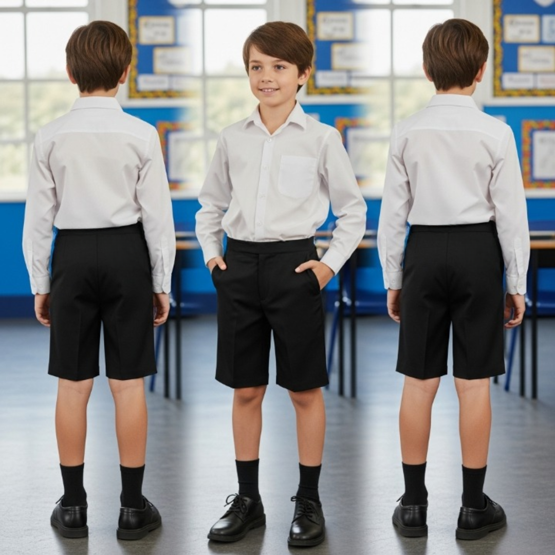 LUXE DIVA Boys School Shorts – Classic Black Knee-Length Uniform Shorts with Pockets, Easy Pull-On Design, Half Elastic Waistband for Ages 2-10 Years