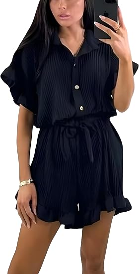 LUXEDIVA Ladies Belted Pleated Collard Smock Frill Shirt Dress Women Gold Button Playsuit