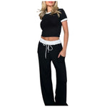 Load image into Gallery viewer, LUXE DIVA Ladies Ribbed Contrast Cap Sleeve Crop Top & Trouser 2 Piece Co ord Set 8-18 Comfort Fit Womenswear Chic Comfortable Cropped Suits Lady Basic