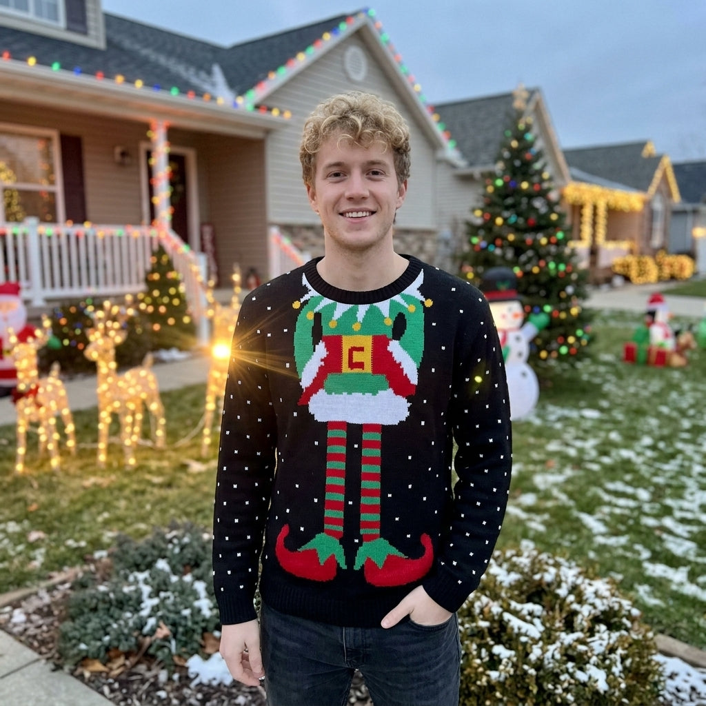 LUXE DIVA Men's Funny Elf Christmas Jumper – Knitted Xmas Sweater