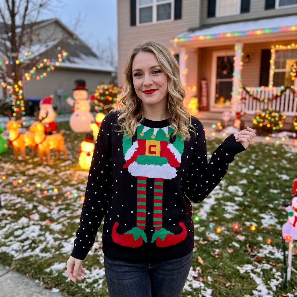 Women's Christmas Jumper – Funny Elf Costume Knitted Sweater, Festive Xmas Novelty Holiday Pullover