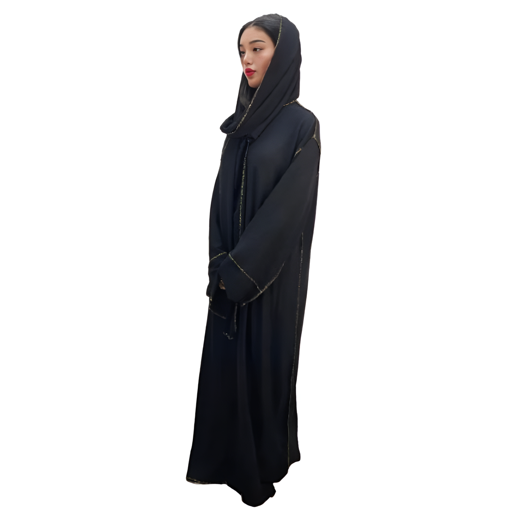 LUXE DIVA Womens Gold Trim Dubai Abaya With Scarf Islamic Muslim Jilbab Long Maxi Dress