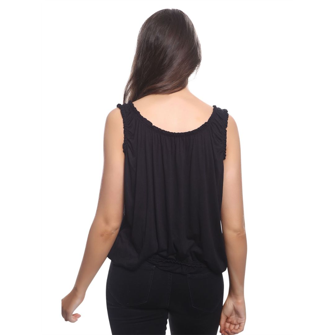 LUXE DIVA Women’s Gathered Round Scoop Neckline Swing Trim Sleeveless Plain Tank Top Wide Straps Ladies Elastic Bubble Hem Summer Camisole Baggy Vest Blouse Top