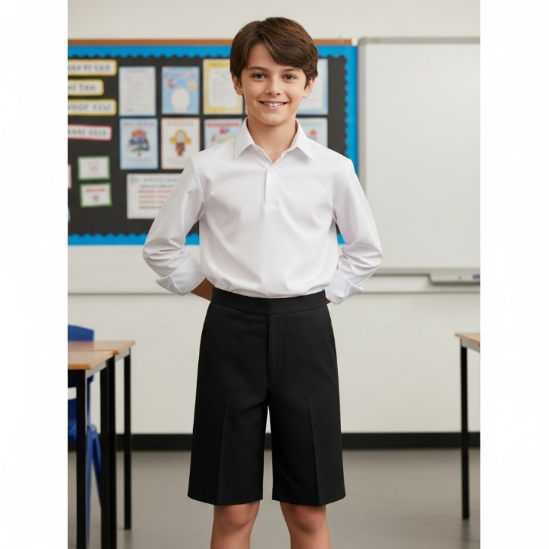 LUXE DIVA Boys School Shorts – Classic Black Knee-Length Uniform Shorts with Pockets, Easy Pull-On Design, Half Elastic Waistband for Ages 2-10 Years