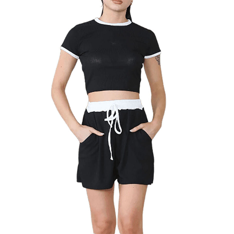 LUXEDIVA LADIES RIBBED CONTRAST CROP TOP SET