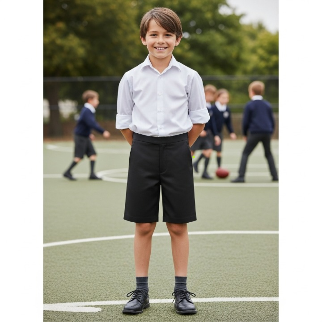 LUXE DIVA Boys School Shorts – Classic Black Knee-Length Uniform Shorts with Pockets, Easy Pull-On Design, Half Elastic Waistband for Ages 2-10 Years