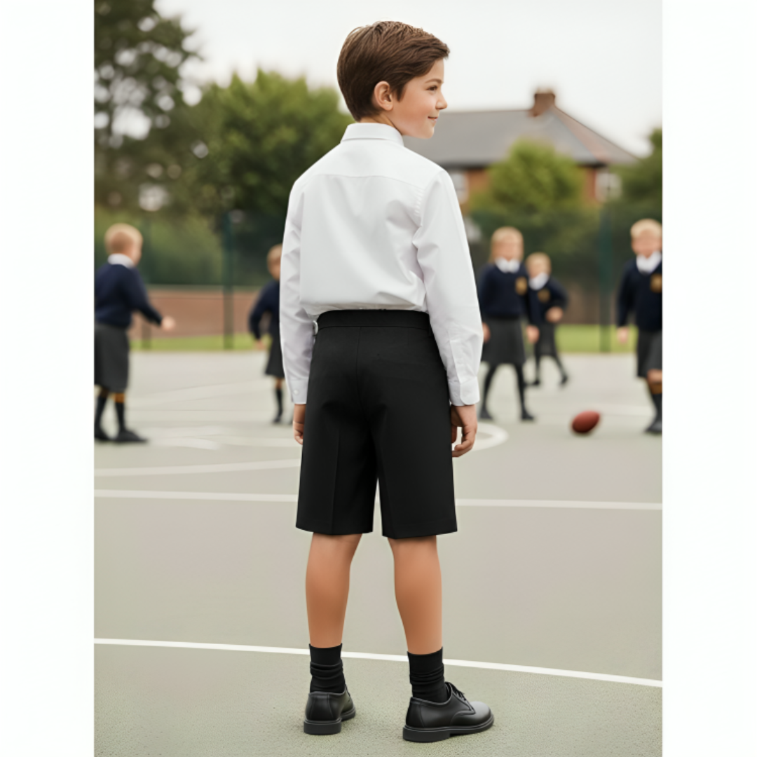 LUXE DIVA Boys School Shorts – Classic Black Knee-Length Uniform Shorts with Pockets, Easy Pull-On Design, Half Elastic Waistband for Ages 2-10 Years