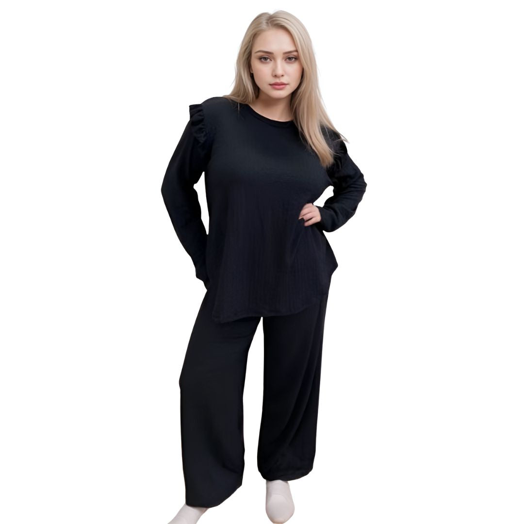 LUXE DIVA Ladies Frill arm Long Sleeve 2pcs Women's Wide Flared Leggings Trouser Loungewear Suit
