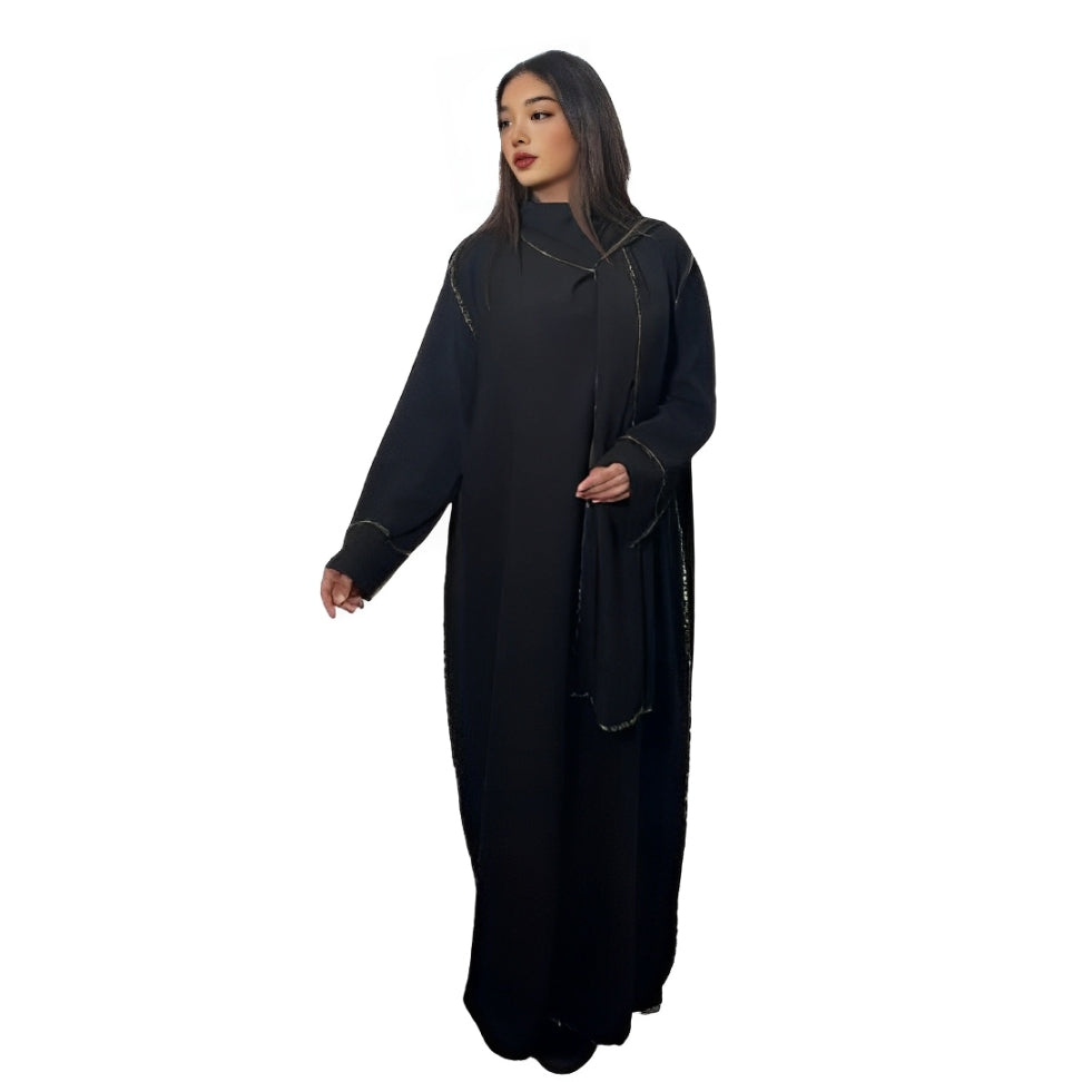 LUXE DIVA Womens Gold Trim Dubai Abaya With Scarf Islamic Muslim Jilbab Long Maxi Dress