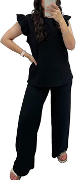 Load image into Gallery viewer, LUXEDIVA Womens Ladies Super Soft Popcorn Frill Short Sleeve Top Trouser 2PCS Co Ord LOungewear Sets