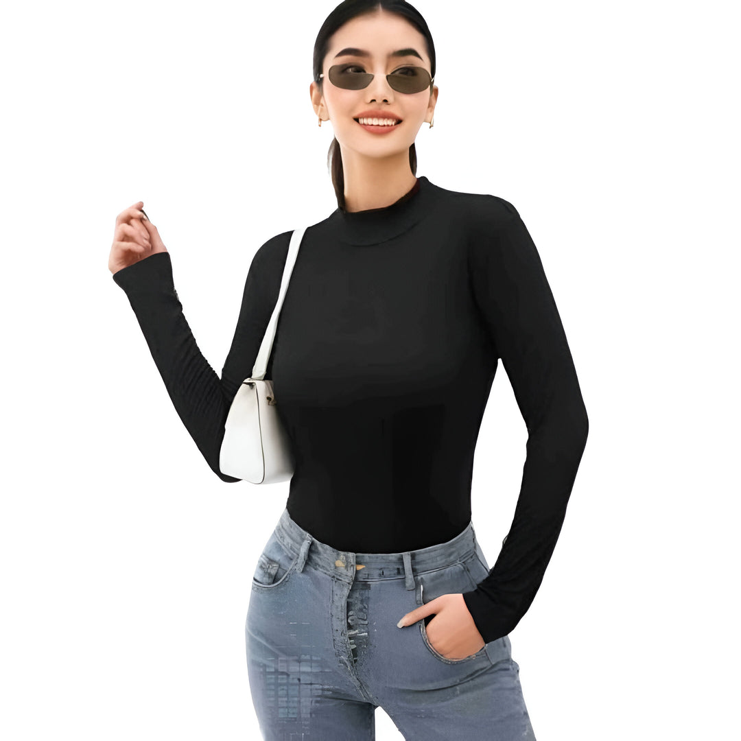 LUXE DIVA Bodysuit for Women Mock Turtle Neck Long Sleeve Tops Slim Fit Basic Stretch Soft Bodysuit Jumpsuit