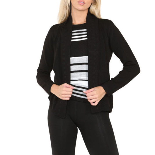 LUXE DIVA Womens Fine Knitted Striped Jumper Open Long Sleeve Sweater Twin Cardigan