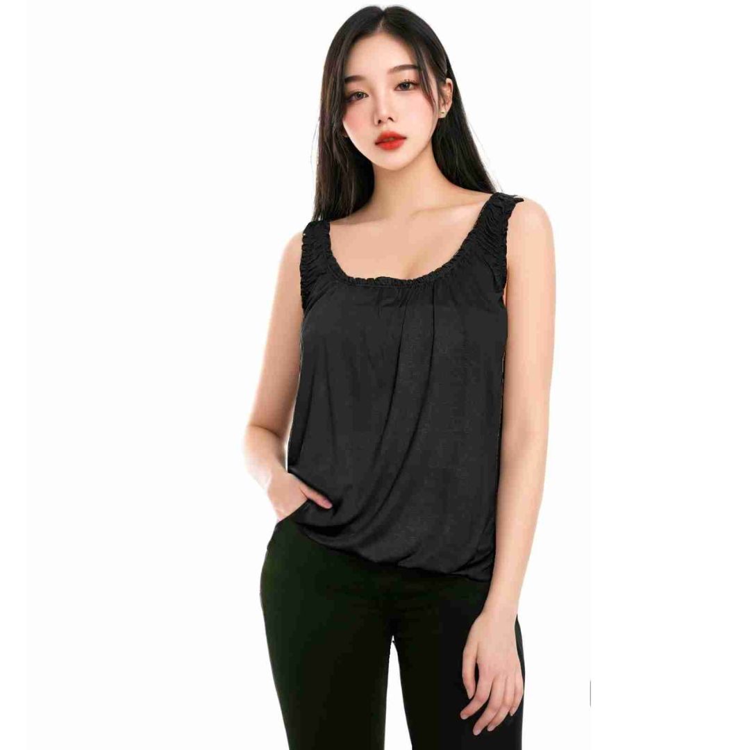 LUXE DIVA Women’s Gathered Round Scoop Neckline Swing Trim Sleeveless Plain Tank Top Wide Straps Ladies Elastic Bubble Hem Summer Camisole Baggy Vest Blouse Top
