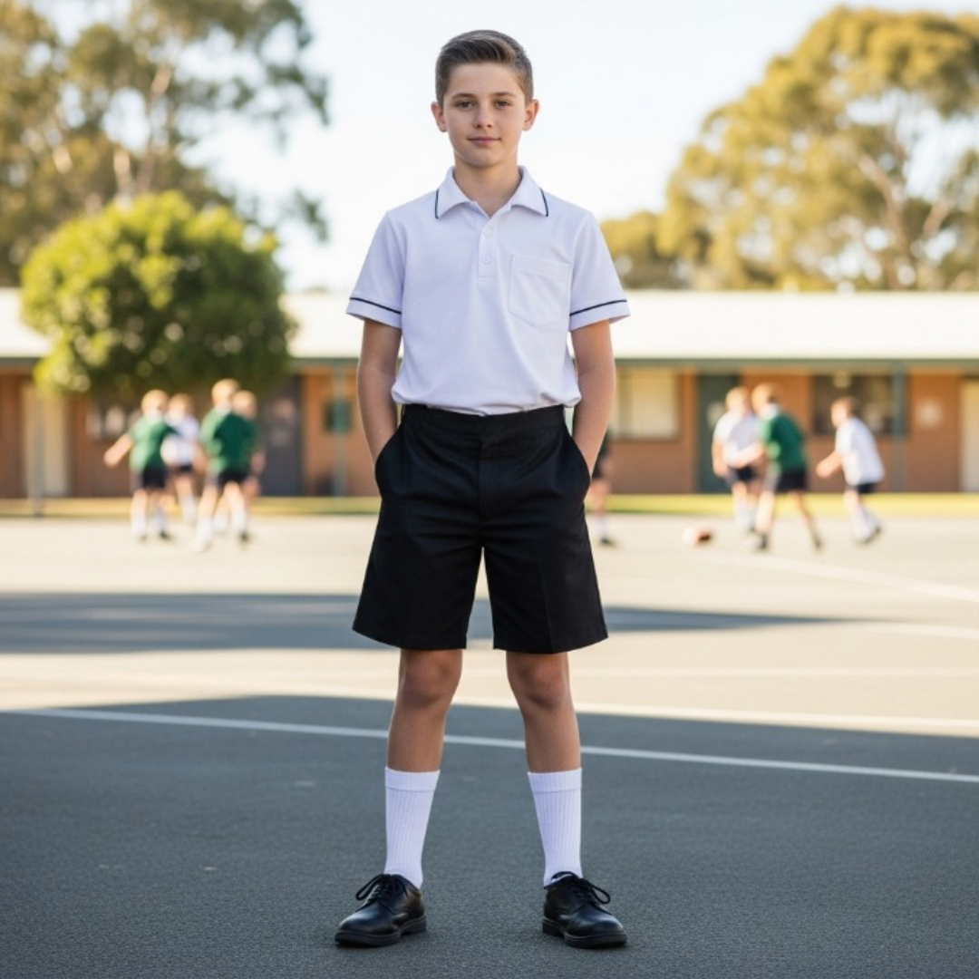 LUXE DIVA Boys School Shorts – Classic Black Knee-Length Uniform Shorts with Pockets, Easy Pull-On Design, Half Elastic Waistband for Ages 2-10 Years