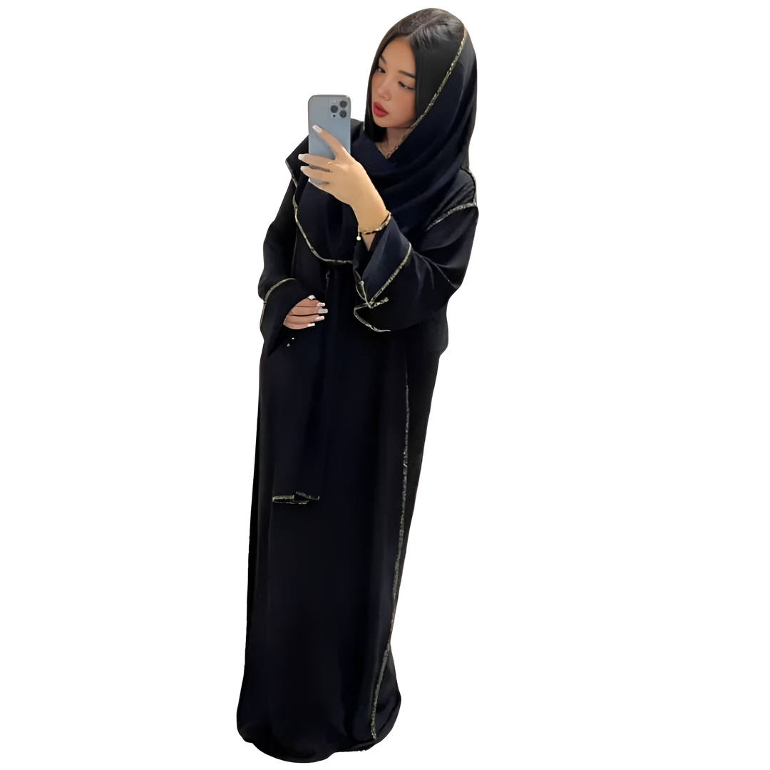 LUXE DIVA Womens Gold Trim Dubai Abaya With Scarf Islamic Muslim Jilbab Long Maxi Dress