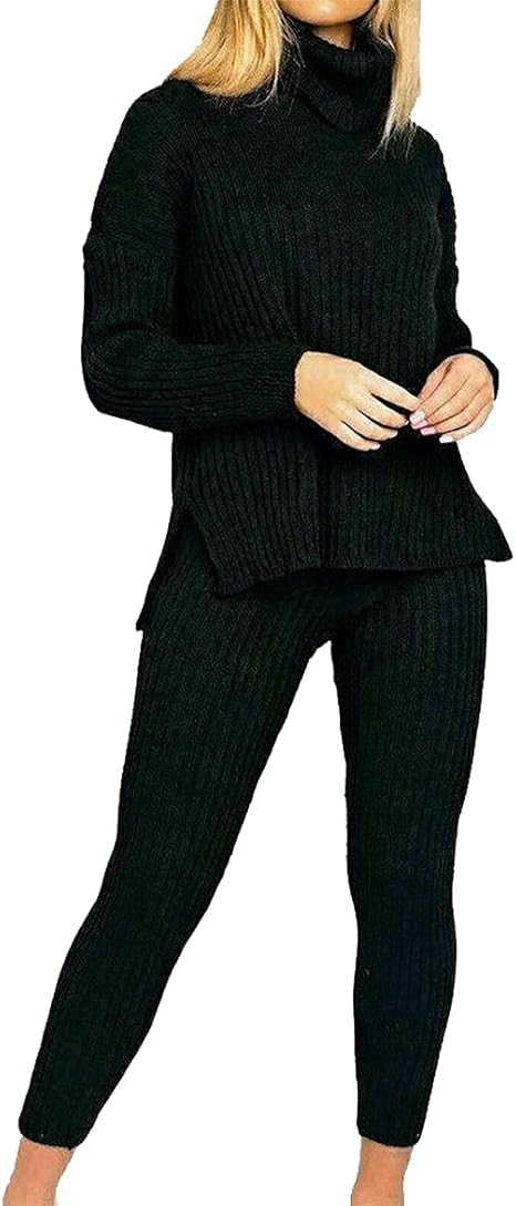 LUXE DIVA Women's Ribbed Polo Knit Set High Neck Lounge