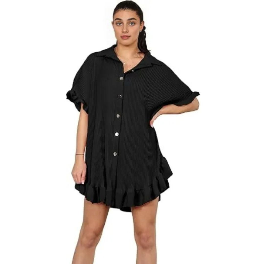 LUXE DIVA Women's Pleated Shirt Set, Short Sleeve Button Down Shirt, Loungewear, Casual Elegant Party Vacation Travel Top