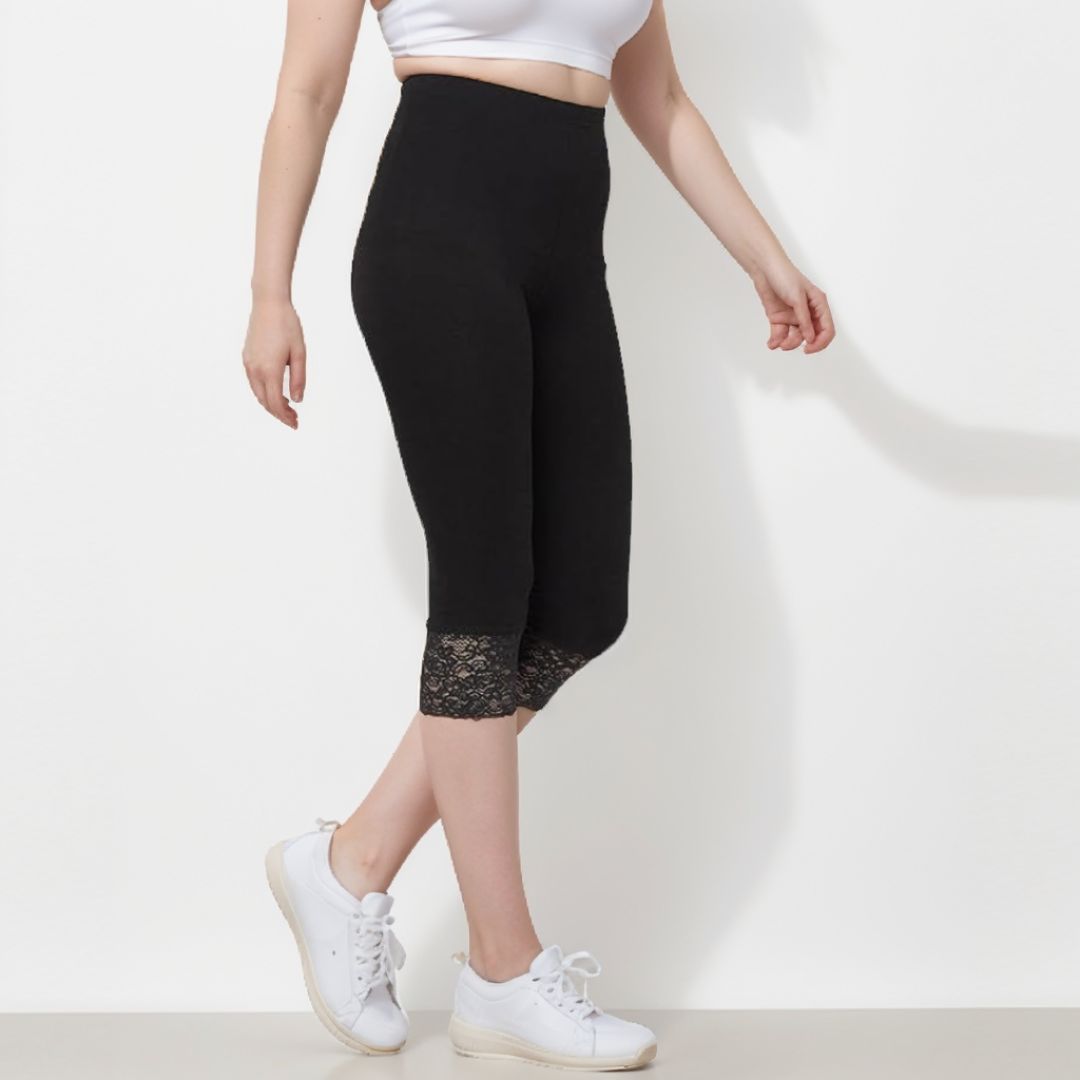LUXE DIVA Women's Plus Size Lace Trim Capri Leggings Stretch Crop Leggings Summer Tights PantsS-3XL