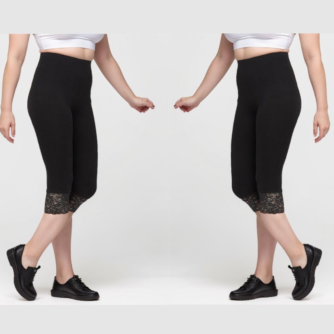 LUXE DIVA Women's Plus Size Lace Trim Capri Leggings Stretch Crop Leggings Summer Tights PantsS-3XL