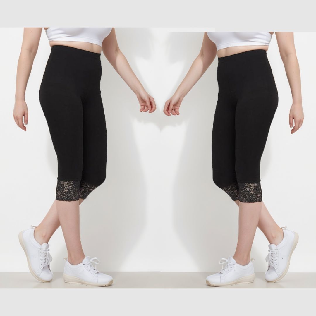 LUXE DIVA Women's Plus Size Lace Trim Capri Leggings Stretch Crop Leggings Summer Tights PantsS-3XL