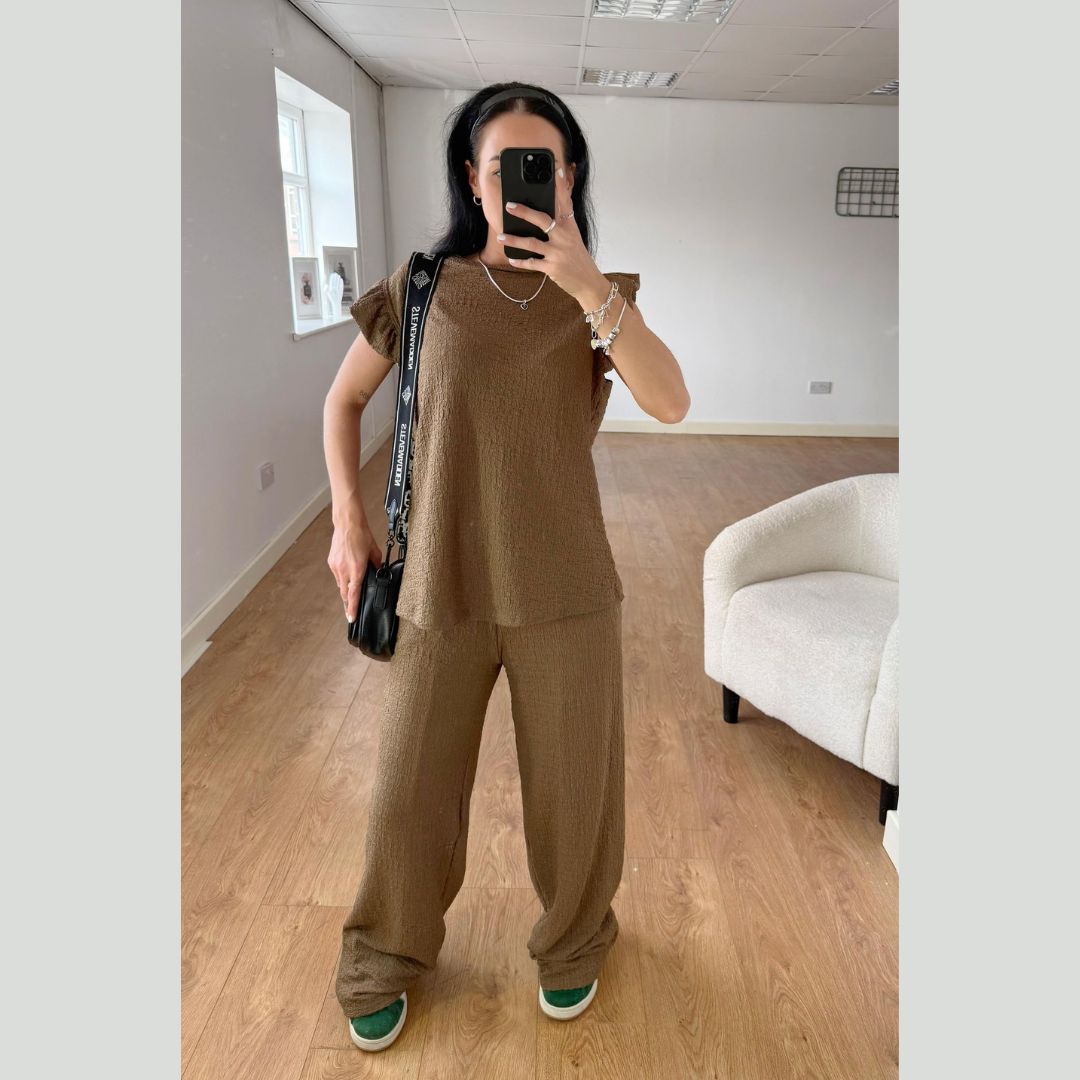 LUXEDIVA Womens Ladies Super Soft Popcorn Frill Short Sleeve Top Trouser 2PCS Co Ord LOungewear Sets