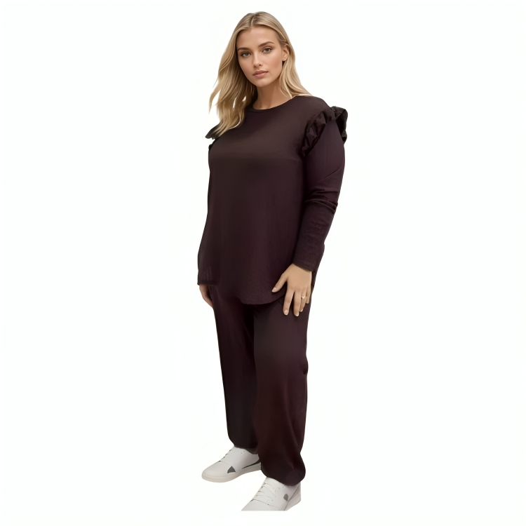 LUXE DIVA Ladies Frill arm Long Sleeve 2pcs Women's Wide Flared Leggings Trouser Loungewear Suit