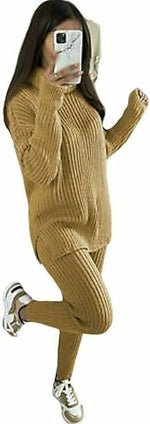Load image into Gallery viewer, Ladies chunky knitted Ribbed polo high neck top leggings loungewear suit set