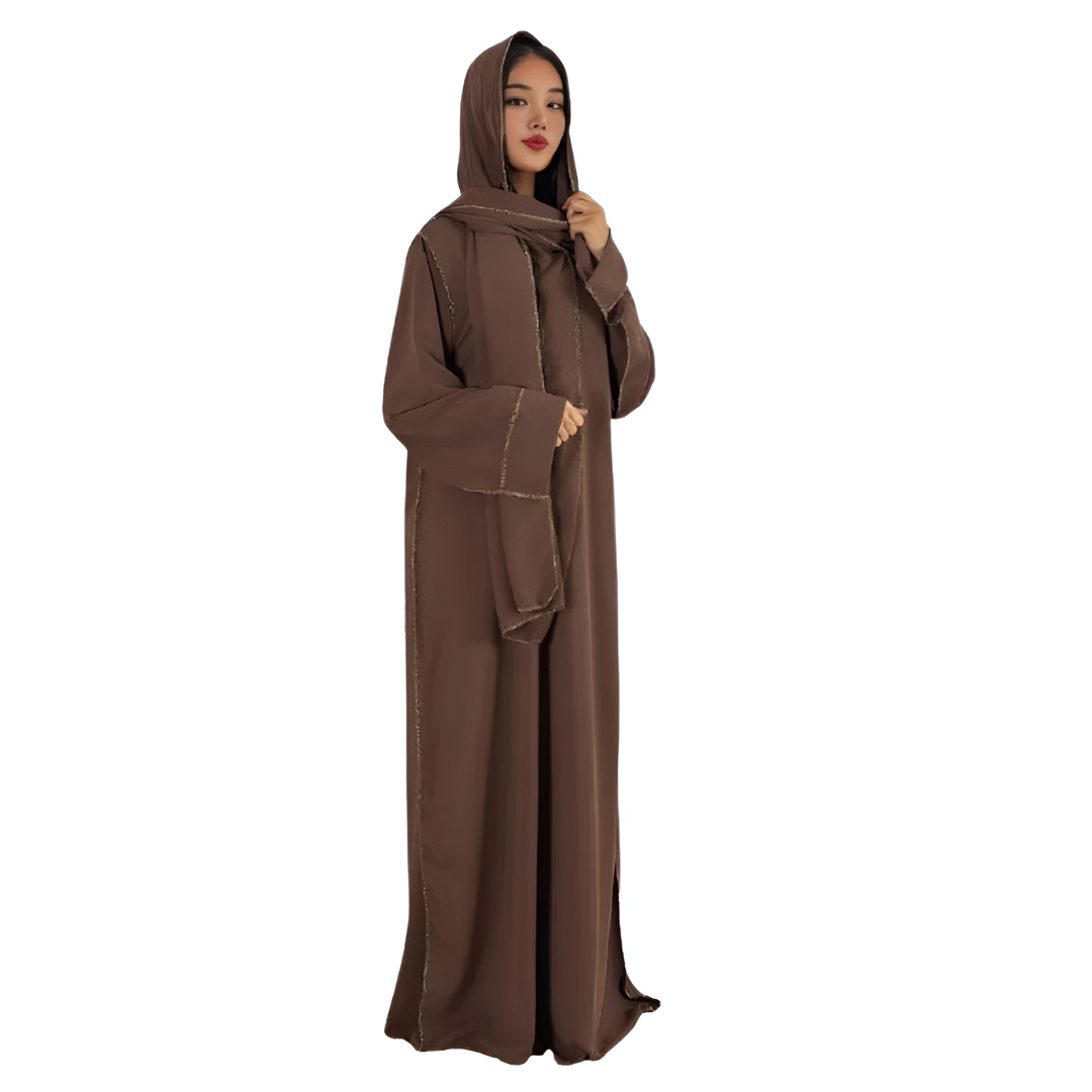 LUXE DIVA Womens Gold Trim Dubai Abaya With Scarf Islamic Muslim Jilbab Long Maxi Dress