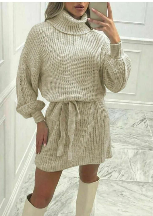 LUXE DIVA Women's Balloon Sleeve Polo Neck Jumper Dress Belt