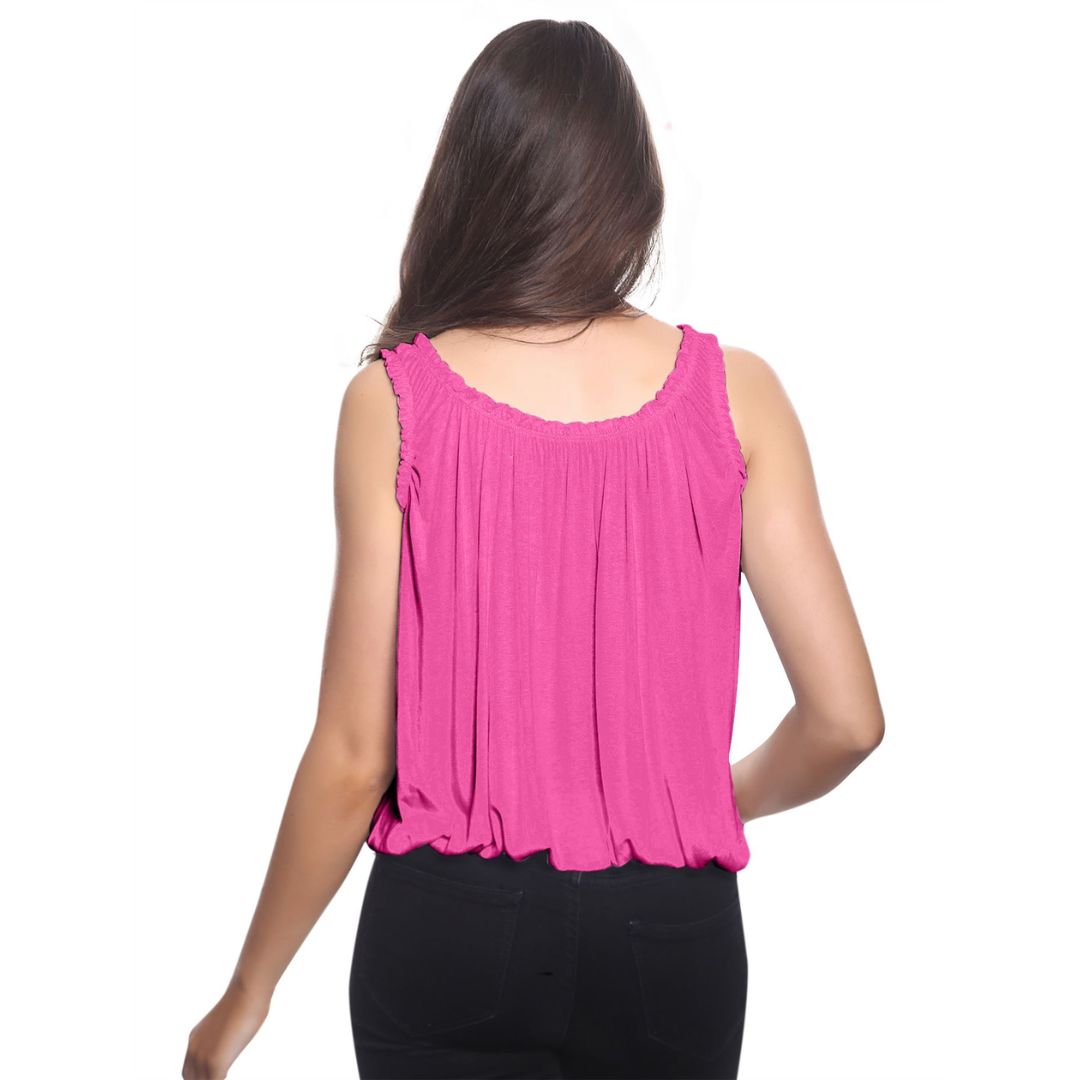 LUXE DIVA Women’s Gathered Round Scoop Neckline Swing Trim Sleeveless Plain Tank Top Wide Straps Ladies Elastic Bubble Hem Summer Camisole Baggy Vest Blouse Top