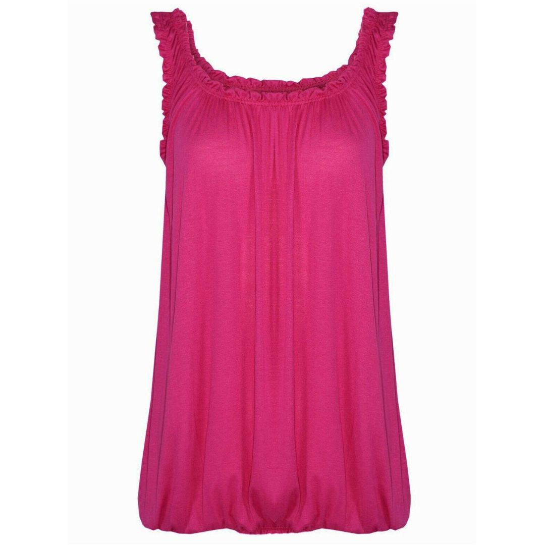 LUXE DIVA Women’s Gathered Round Scoop Neckline Swing Trim Sleeveless Plain Tank Top Wide Straps Ladies Elastic Bubble Hem Summer Camisole Baggy Vest Blouse Top