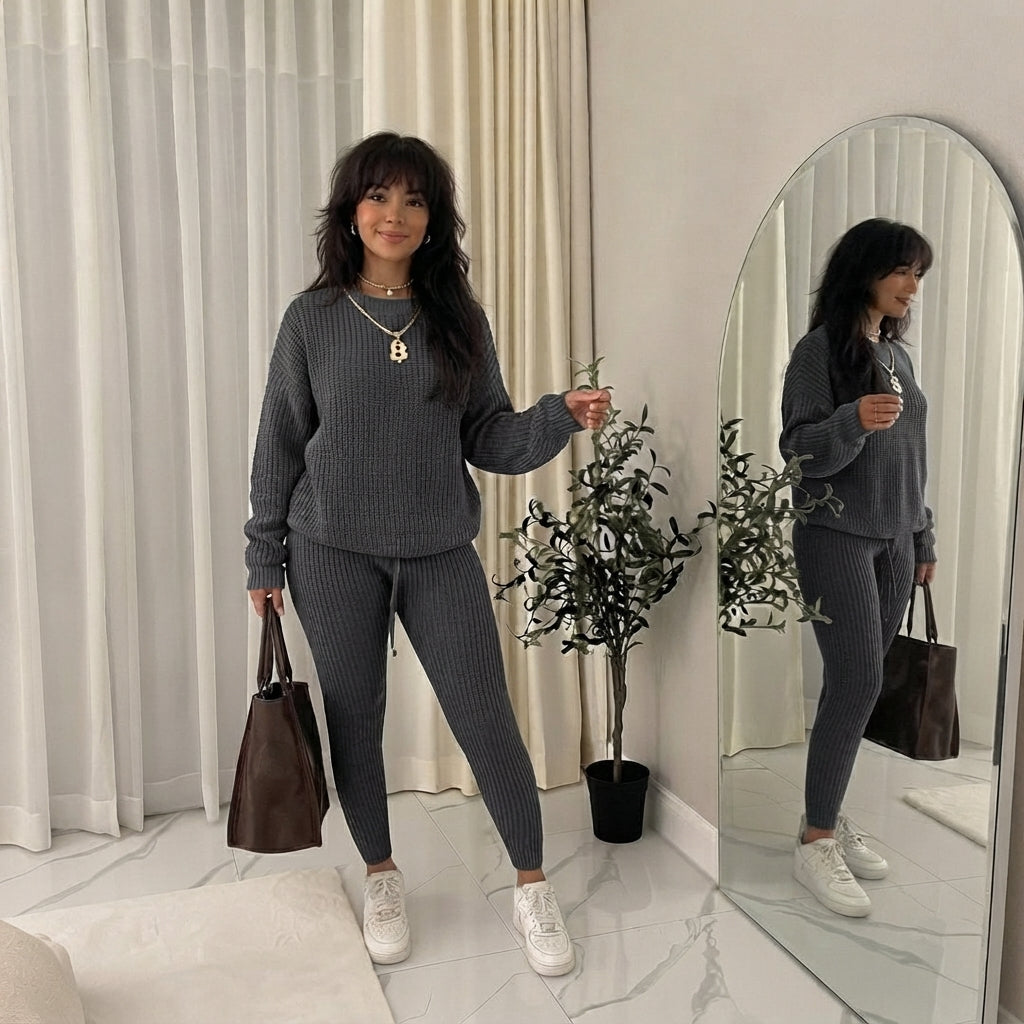 LUXE DIVA Women's 2pcs Round Neck Drop Shoulder Long Sleeve Top & Drawstring Waist Pant, Casual Slim Solid Sweater Set Knitwear